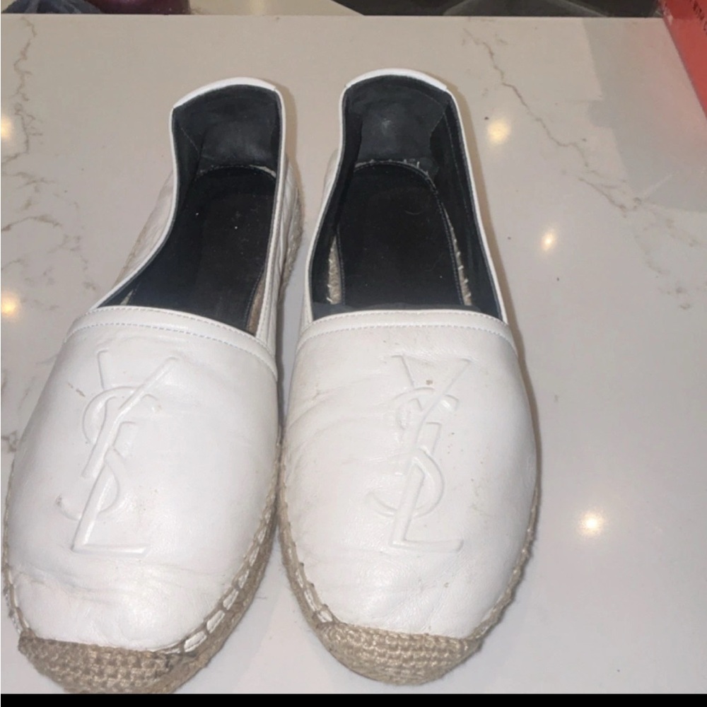 Saint Laurent White Leather Logo Espadrille Flats for Women